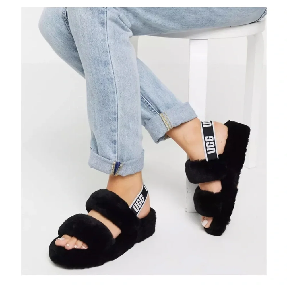 Ugg Oh Yeah Fur Double Strap Flat Sandals In Black Size 10